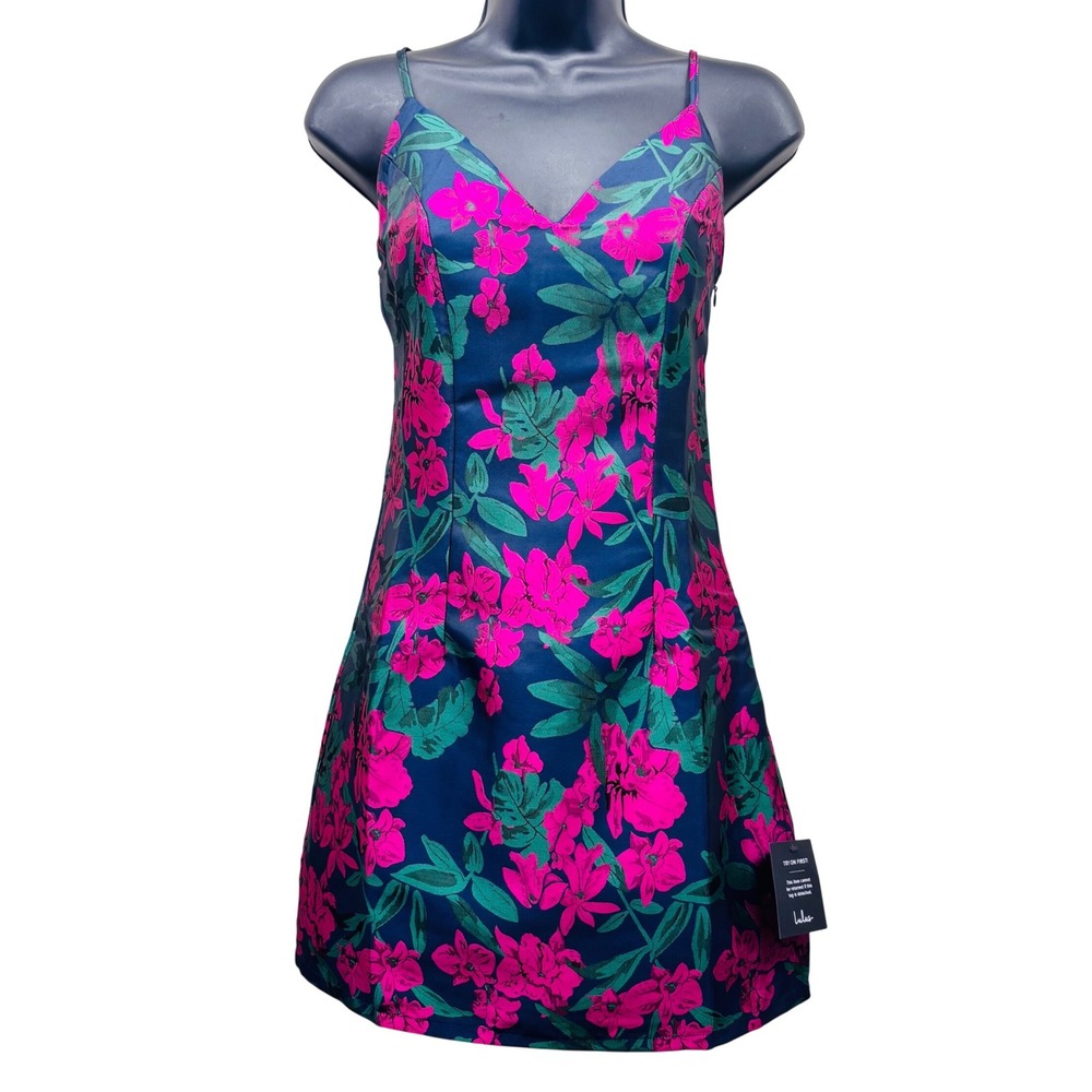 Lulus Womens XS Navy Pink Floral Jacquard Mini Dress 19D1902 New With Tags